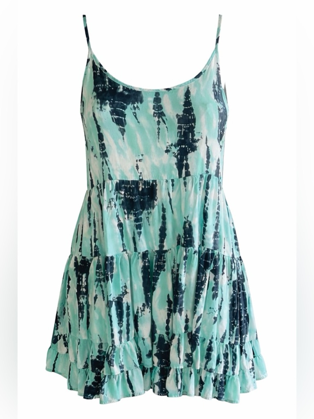 Ocean Drive Aqua Tie-Dye Sundress | SIZE SMALL | Tiered Ruffle Mini